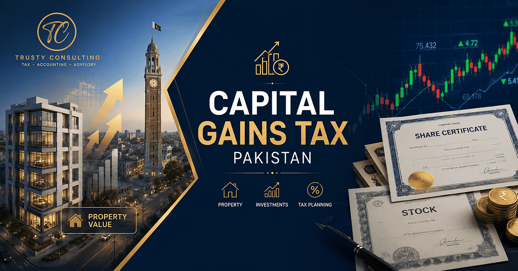 "Capital gains tax Pakistan — infographic showing tax rates on shares, property and securities under Income Tax Ordinance 2001"