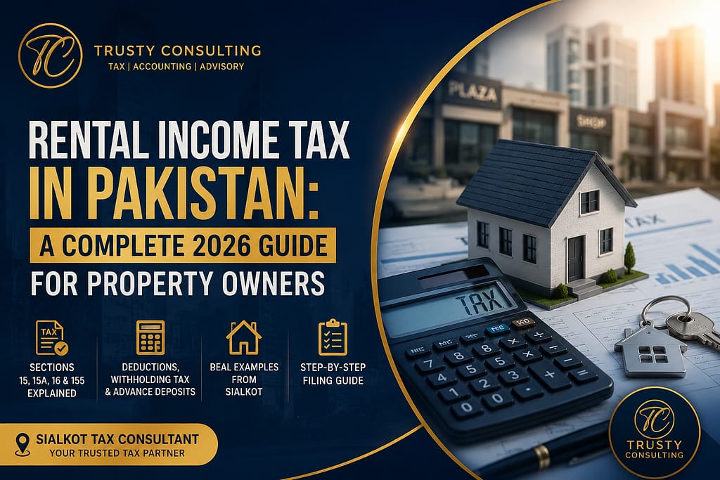 Rental income tax in Pakistan guide banner by a Sialkot tax consultant